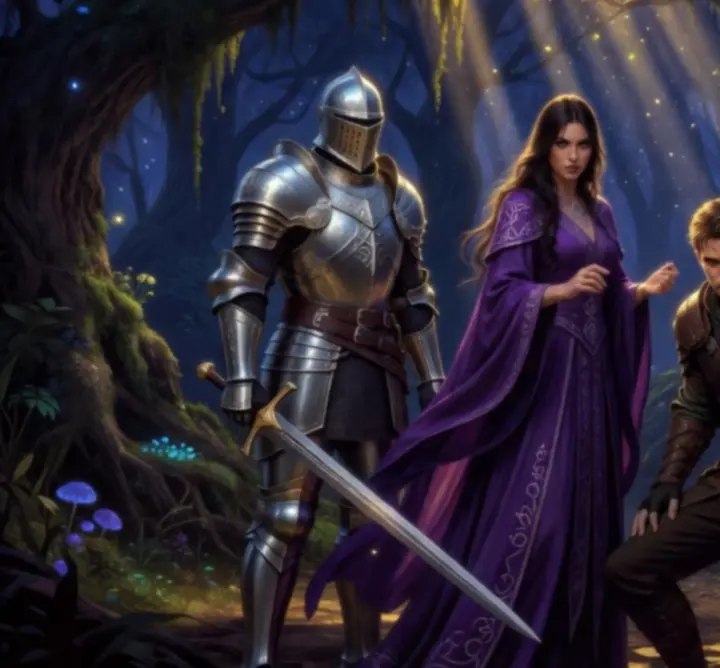 Czwórka głównych bohaterów Dragon Quest Play stojąca wspólnie na tle fantastycznej scenerii.