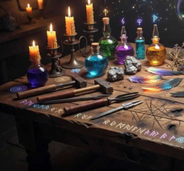 Magiczny stół rzemieślniczy z ekwipunkiem i runami w świecie fantasy