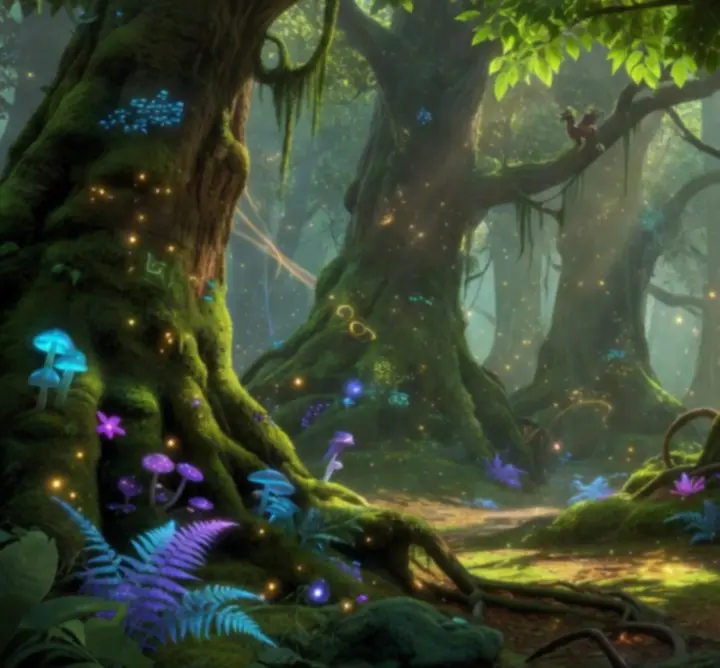Zaczarowany las rozświetlony magiczną zieloną poświatą
