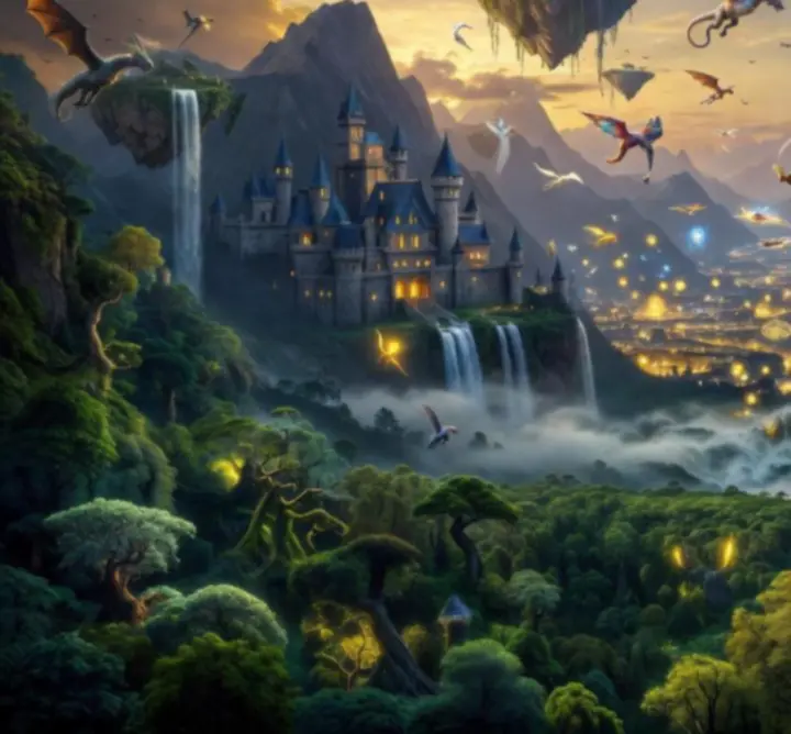 Magiczny krajobraz świata DRAGON QUEST PLAY z lewitującymi wyspami i światłem smoków