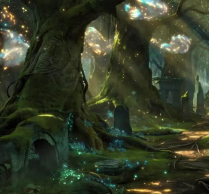 Magiczny las w otwartym świecie fantasy pełnym mgły i świetlistych roślin
