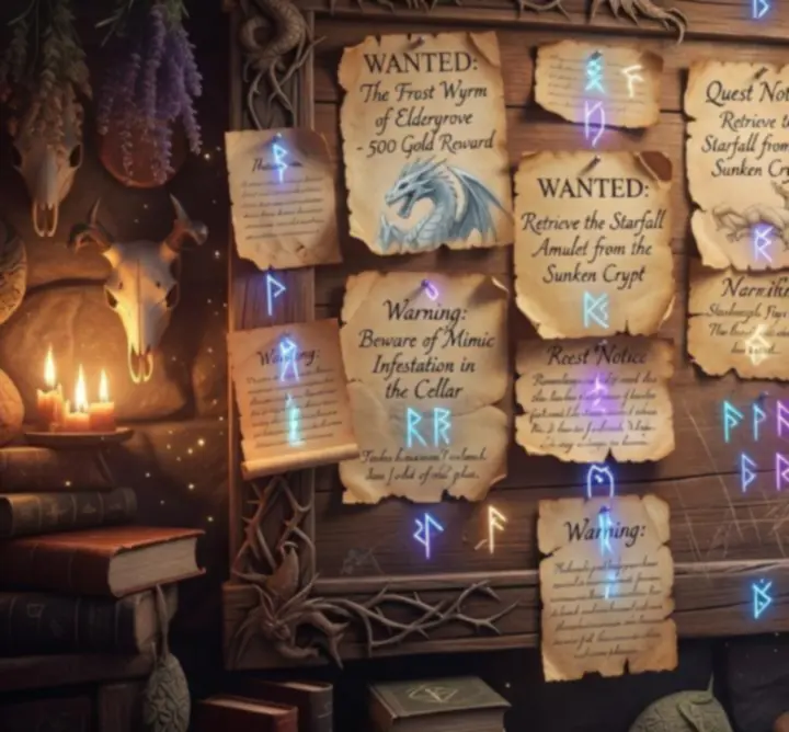 Magiczna tablica ogłoszeń z runami i pergaminami