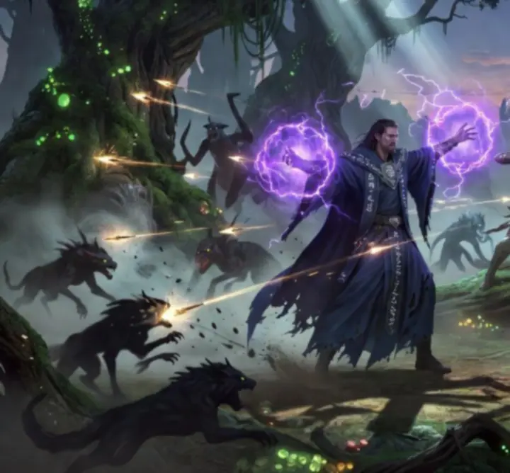 Drużynowa bitwa fantasy z udziałem różnych klas postaci używających magii i broni