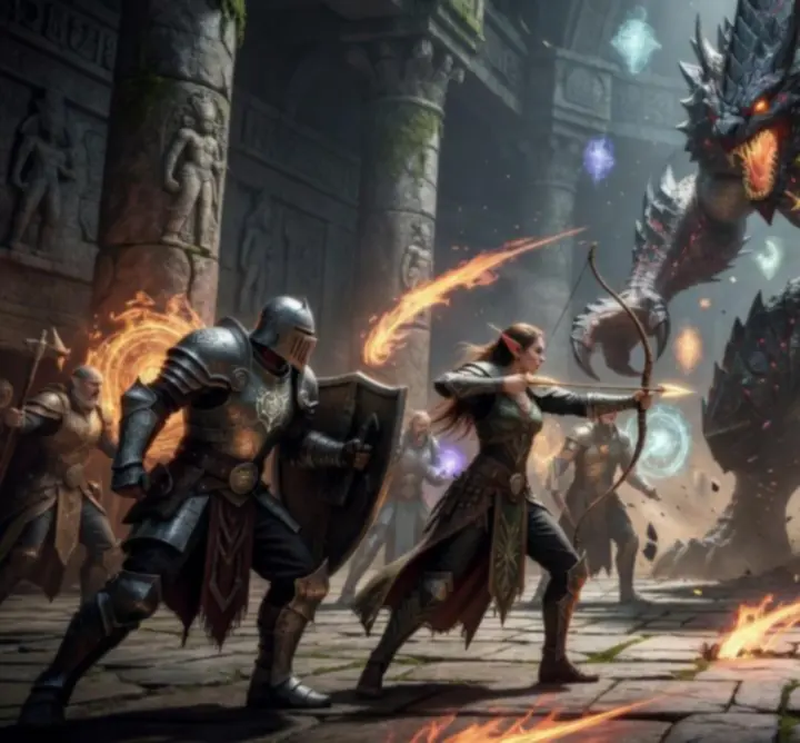 Bohaterowie DRAGON QUEST PLAY walczący wspólnie przeciw potężnemu bossowi i na arenie PvP.