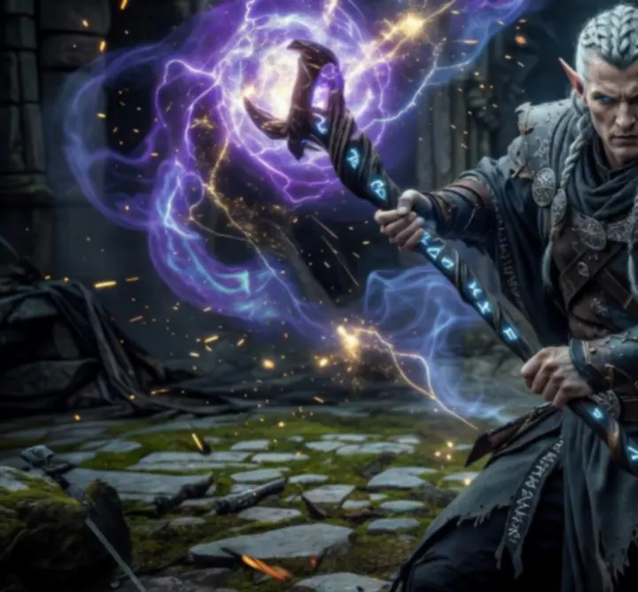 Realistyczna grafika fantasy z efektami świetlnymi i detalicznymi modelami postaci.