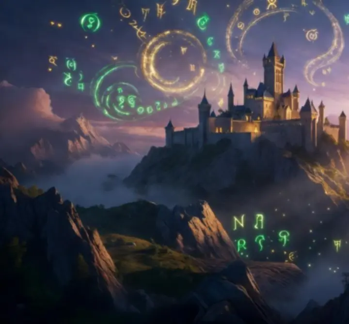 Fantastyczny zamek w górach skąpanych w magicznej poświacie