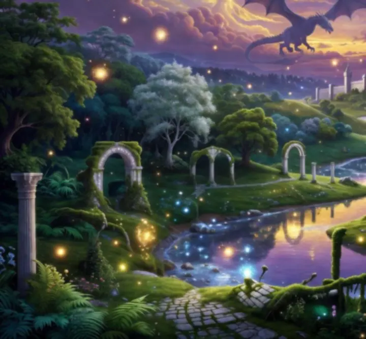 Magiczny świat DRAGON QUEST PLAY z ruinami, lasami i miastem w świetle magii.