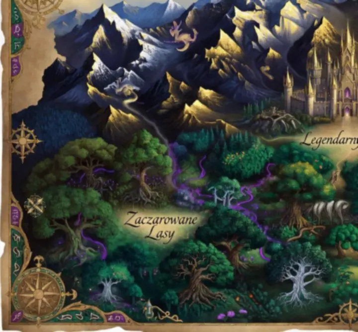 Stylizowana mapa regionów świata DRAGON QUEST PLAY z górami, lasami i dolinami