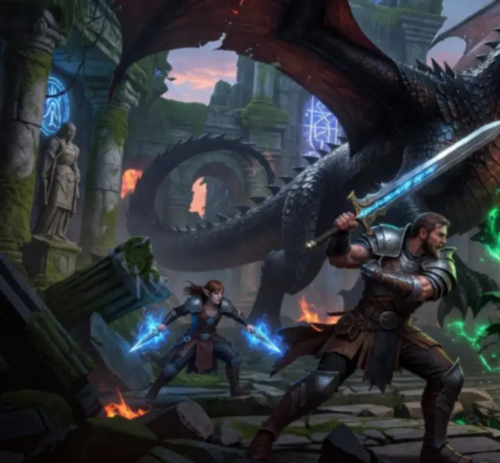 Drużyna bohaterów Dragon Quest Play walcząca z potężnym bossem w starożytnej świątyni.