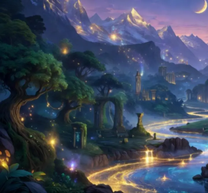 Magiczny krajobraz świata DRAGON QUEST PLAY z górami, ruinami i mistycznym światłem